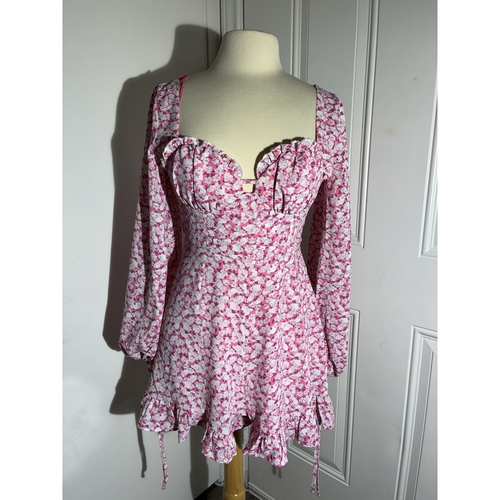 Eve Candy Couture Pink Floral Romper Puff Sleeve Bustier Ruched Shorts Sz S.
